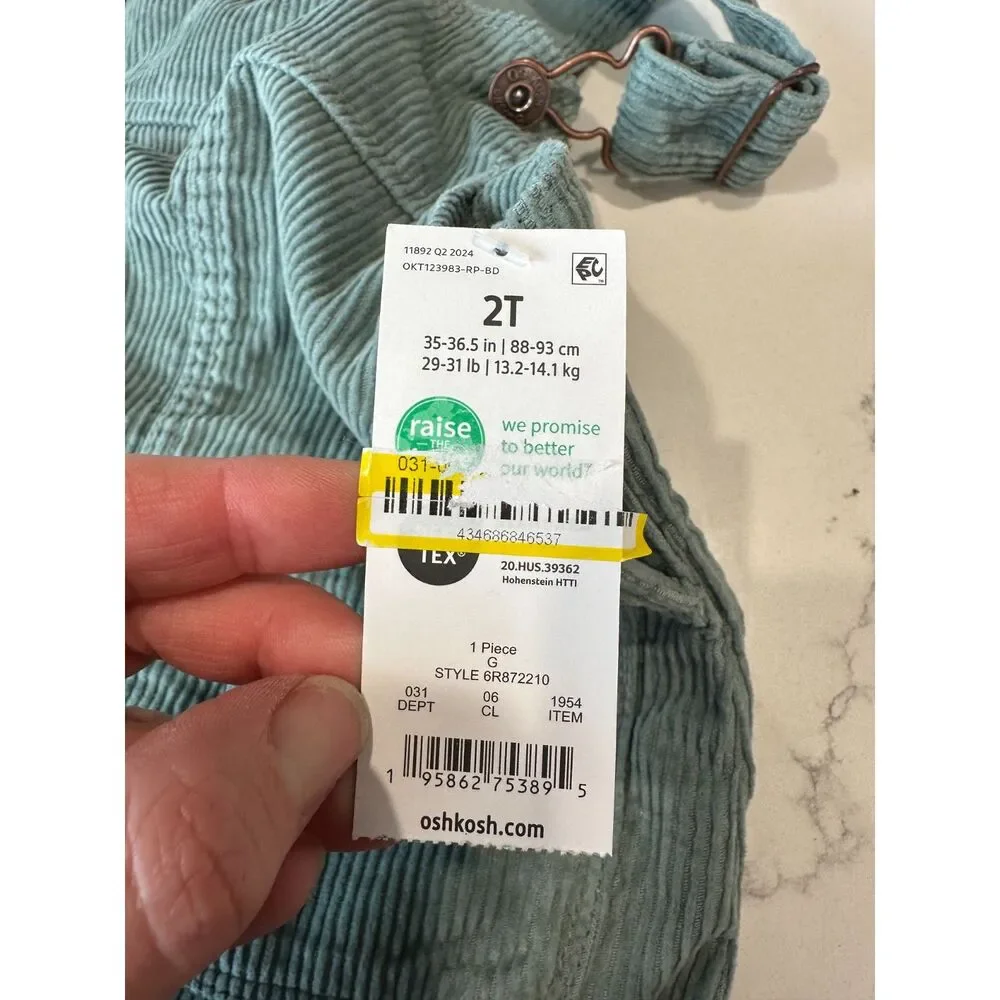 NWT Oshkosh B'gosh Corduroy Overall Dress Sage Green Size 2T